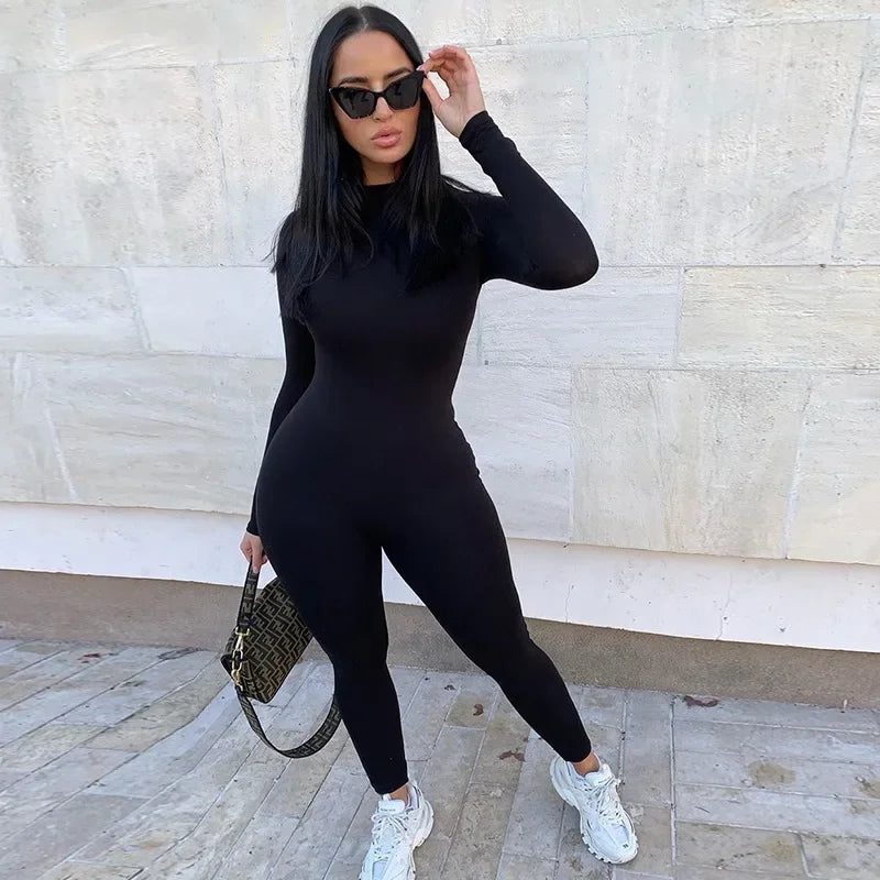 solid black/gray long sleeve skiing jumpsuit women elastic hight outfit fashion fitness sportwear slim rompers streetwear