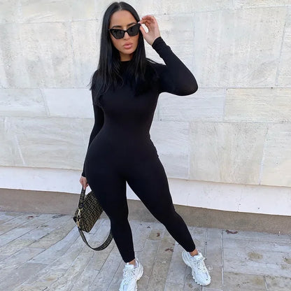 solid black/gray long sleeve skiing jumpsuit women elastic hight outfit fashion fitness sportwear slim rompers streetwear