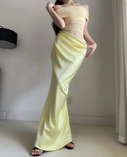 MsChuh Summer Party Dresses For Woman One-shoulder Long Evening Dress Sexy Holiday French Vestidos Solid Color Temperament Slim