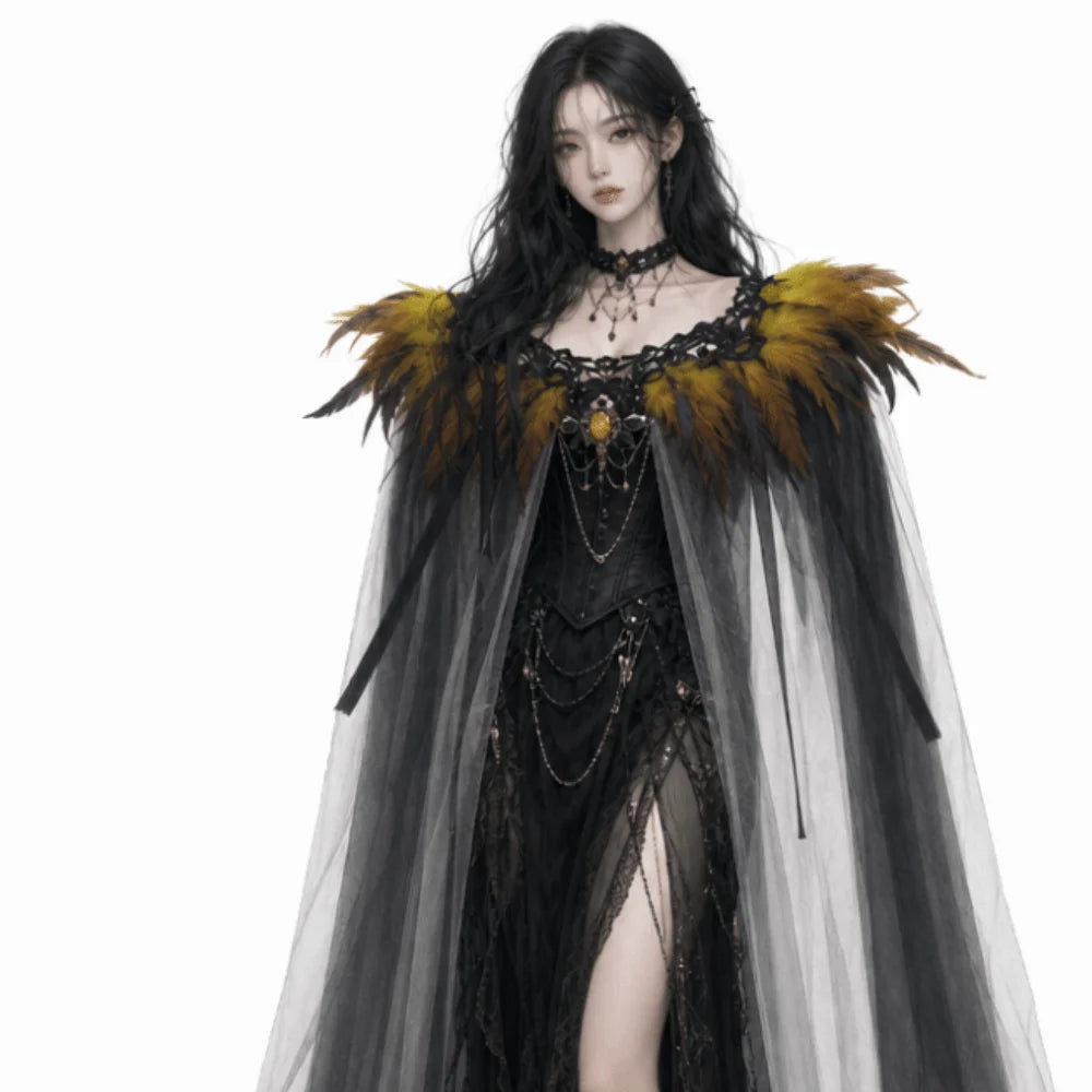 Black Halloween Feather Cloak Elegant Mesh Fringe Hollow Lace Mesh Cape Fur Collar Flowing Festival Costume Cape Gothic Carnival