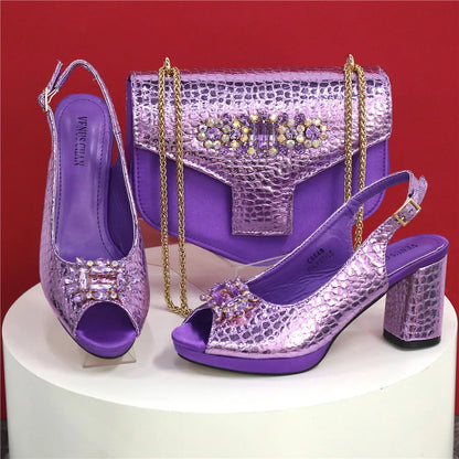 2025 Fashion Open Toe Women Strange Heels Bigger Size Fashion Rhinestone Decoration Purple Shoes And Bag Set Party Bag