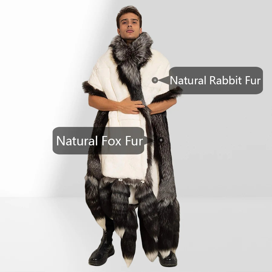 Unisex Double Face Silver Fox & White Rex Boa-Cape With Tails Real Fur Scarf Long Hot Selling Warm Natural Fur Scarf