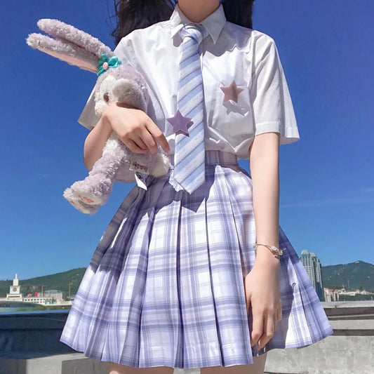 [Starlight] New Long/Short sleeve Summer High Waist Plaid Pleated Skirts Women Dress JK School Uniform Students Girls Clothes