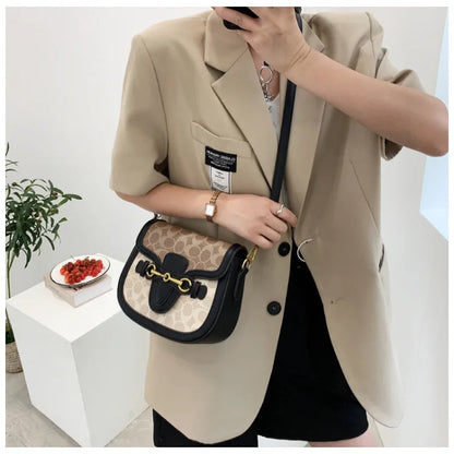 Women Retro Print Saddle Crossbody Bag Luxury Horse Bit Buckle Small Shoulder Bag Fashion PU Leather Ladies Daily Handbag