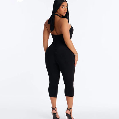 Sexy spicy girl style solid color hollow neck strap seven part jumpsuit