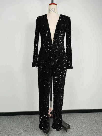 Women Sexy Jumpsuit Long Sleeve V-neck Sequins Black Skinny Party Female Fashion High Waist Jumpsuits Lugentolo