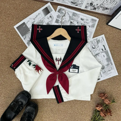 Dark Japanese Bad JK Uniform Long-sleeved Girl Orthodox Sailor Suit Role Play Handsome Long Skirt School Uniform Embroidery