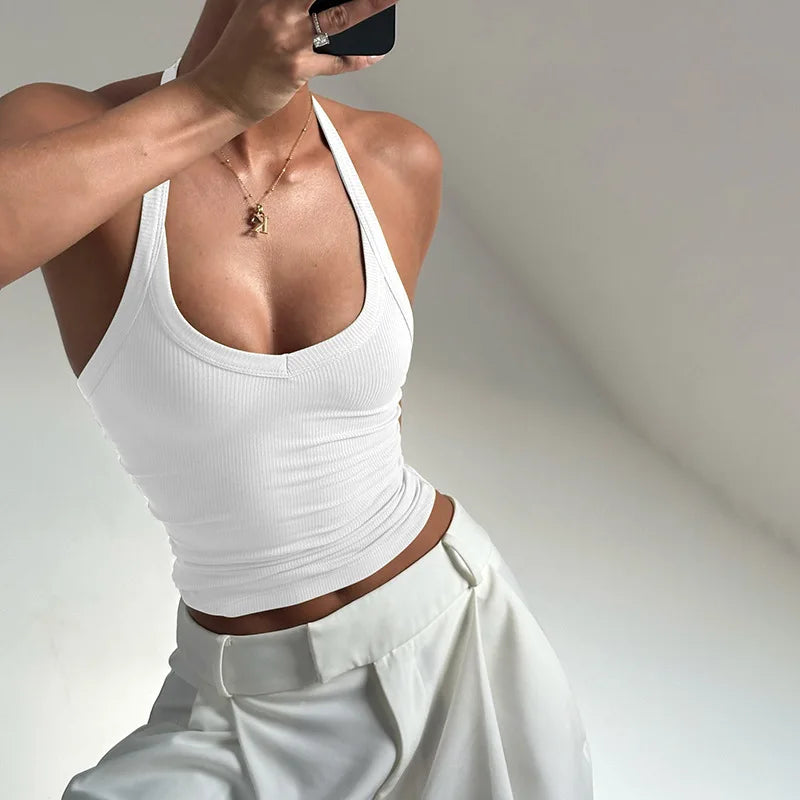 Women's Ribbed Tank Tops Knitted Cropped Tops Deep V-Neck Slim Fit Camisole Y2K Corset Vest Casual Summer Basic Tee Tops