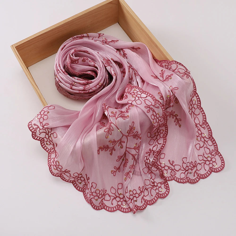 Luxury Sequin Floral Hijab Shimmer Shawl Glitter Shiny Headscarf Elegant Muslim Head Scarf for Wedding Soft Flowy Lace Edge
