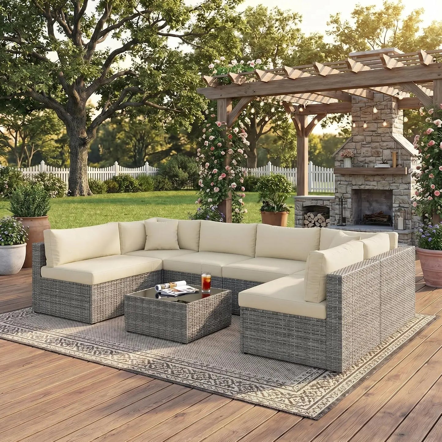 7 Pieces Wicker Outdoor Patio Furniture Set | Patio Sectional Sofa with Coffee Table, All-Weather Outdoor Sectional, Custom