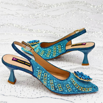 New Arrival Fashion Rhinestone Design Dreamy Color Pointed Toe Women High Heels and Bag Set For Party Wedding or Work