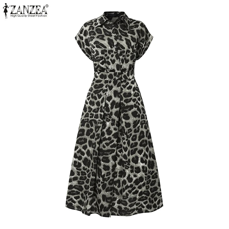 2025 Summer Leopard Print Dresses ZANZEA Women Maxi Long Dress Lapel Neck Short Sleeve Work Vestidos Robe Officewear Sundress