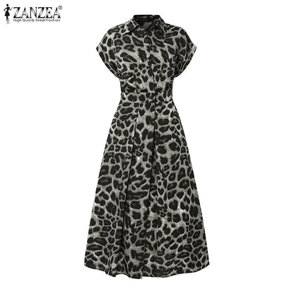 2025 Summer Leopard Print Dresses ZANZEA Women Maxi Long Dress Lapel Neck Short Sleeve Work Vestidos Robe Officewear Sundress