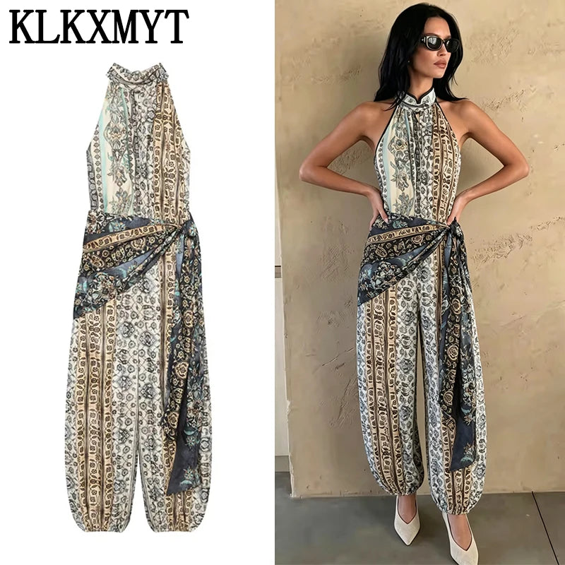 KLKXMYT New Vintage Print Jumpsuit For Women Lace-up Design Halter Neck Casual Outfit Fashion Backless Sexy Rompers ﻿ ﻿
