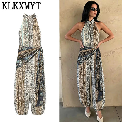KLKXMYT New Vintage Print Jumpsuit For Women Lace-up Design Halter Neck Casual Outfit Fashion Backless Sexy Rompers ﻿ ﻿
