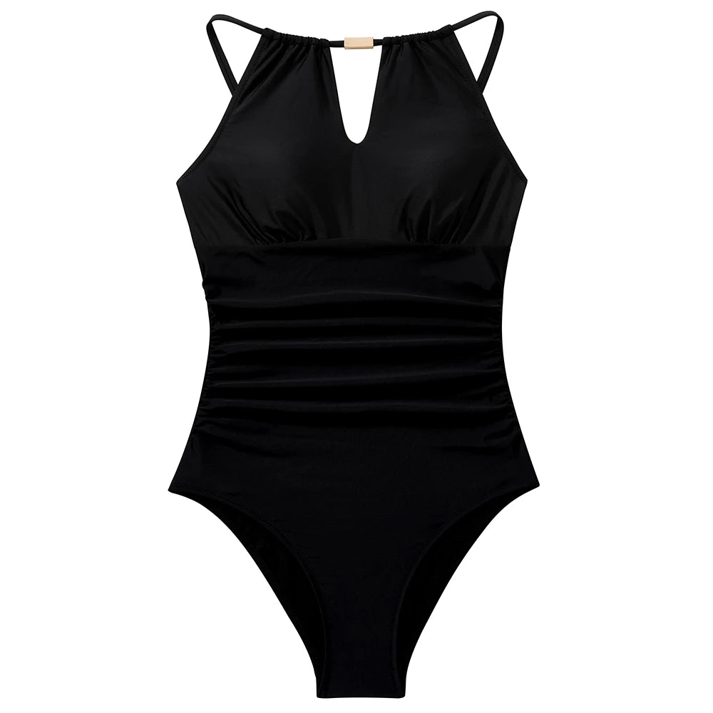 Women's One Piece Swimsuits High Neck Tummy Control Retro Bathing Suits Monokini Solid Summer Swimwear Beachwear Female