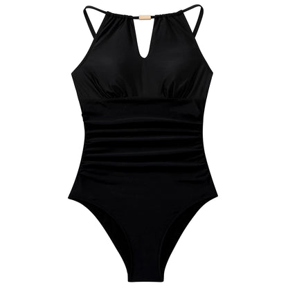 Women's One Piece Swimsuits High Neck Tummy Control Retro Bathing Suits Monokini Solid Summer Swimwear Beachwear Female
