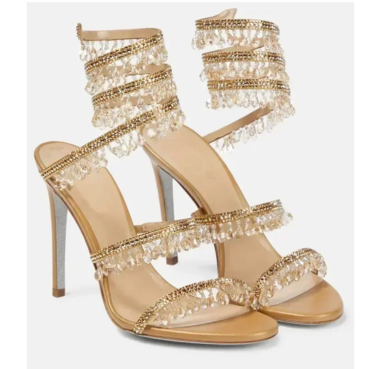 2026Women's New Water Diamond Sandals Fashion Tassel Crystal Shoes Sexy Banquet Party Twin Stiletto Women's Large Sandals