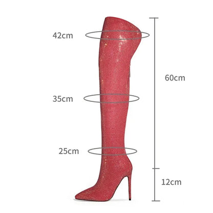 Silver Black Rhinestone 12cm High Heel Long Boots New Fashion Show Shiny Diamond Pointed Women's Over The Knee Boots Size 34-46