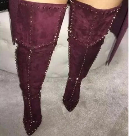 Sexy Green Blue Suede Gold Studs Women Over The Knee Boots Ladies High Heel Thick Slip On Point Toe Rivets Motorcycle Botas