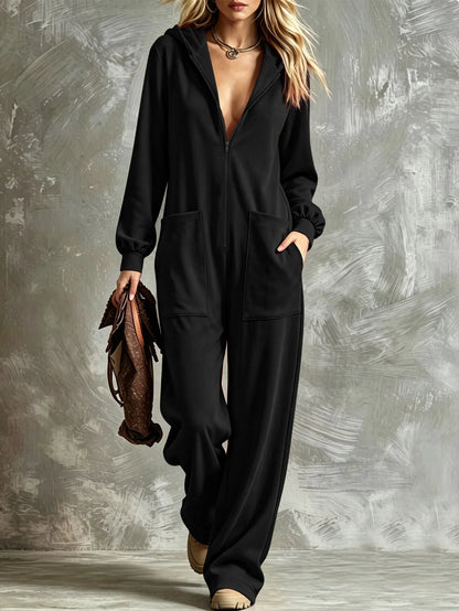 Autumn New Fashion Hooded Zipper Women's Jumpsuit Casual Loose Jumpsuit Straight Pants Pocket Rompers Lazy Female Home Wear 2026
