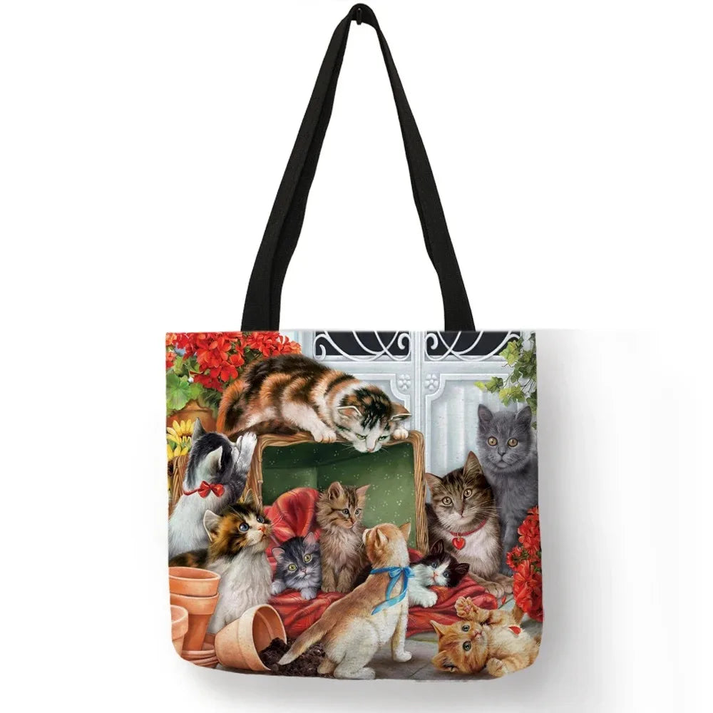 Oil Painting Cat Print Womens Designer Tote Bags Linen Reusable Shopping Bag For Groceries Shoulder Bags for Lady