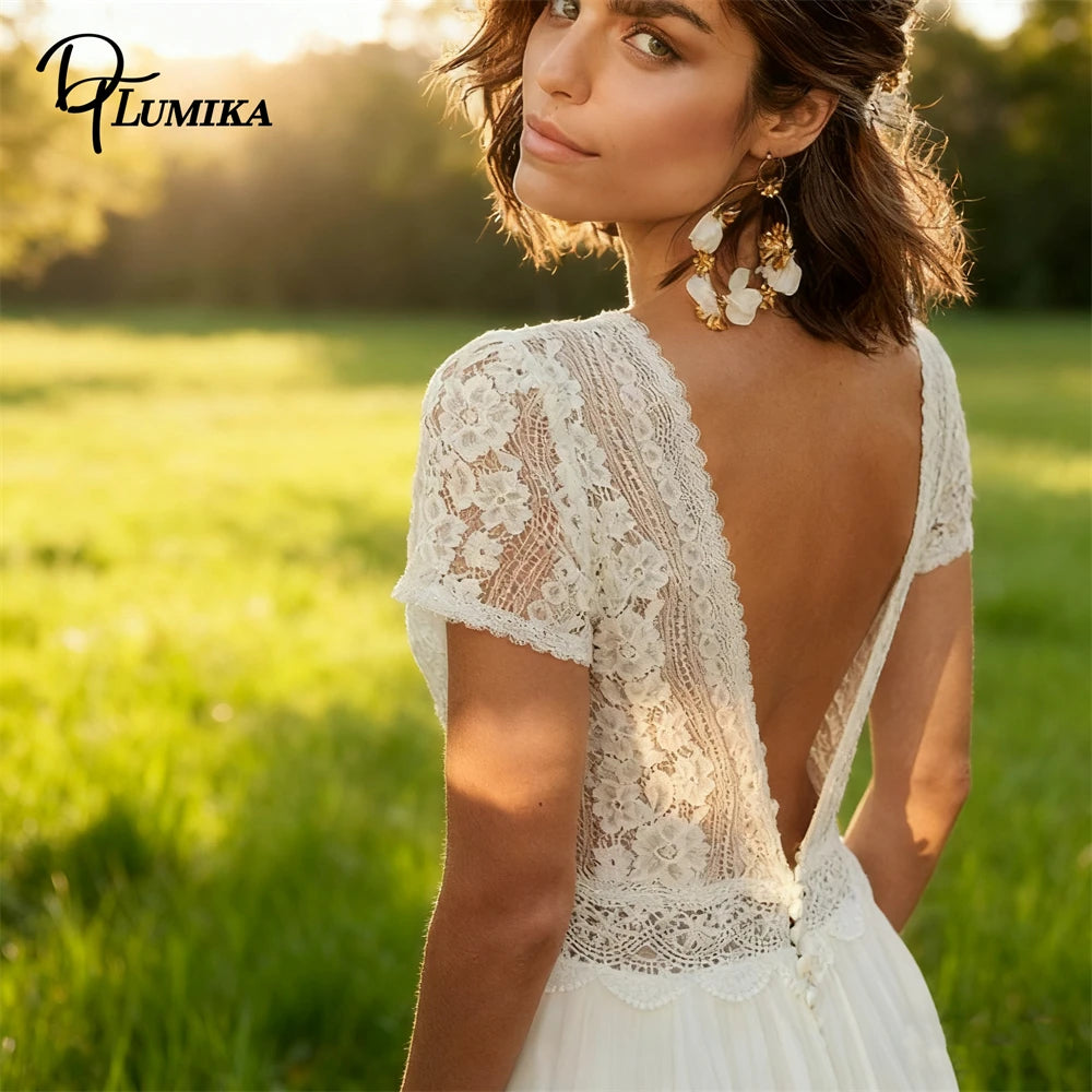 DTLumika Illusion Lace Long Wedding Dress for Women, Short Sleeves Chiffon Beach Boho Bride Dresses V Backless Customized Bridal
