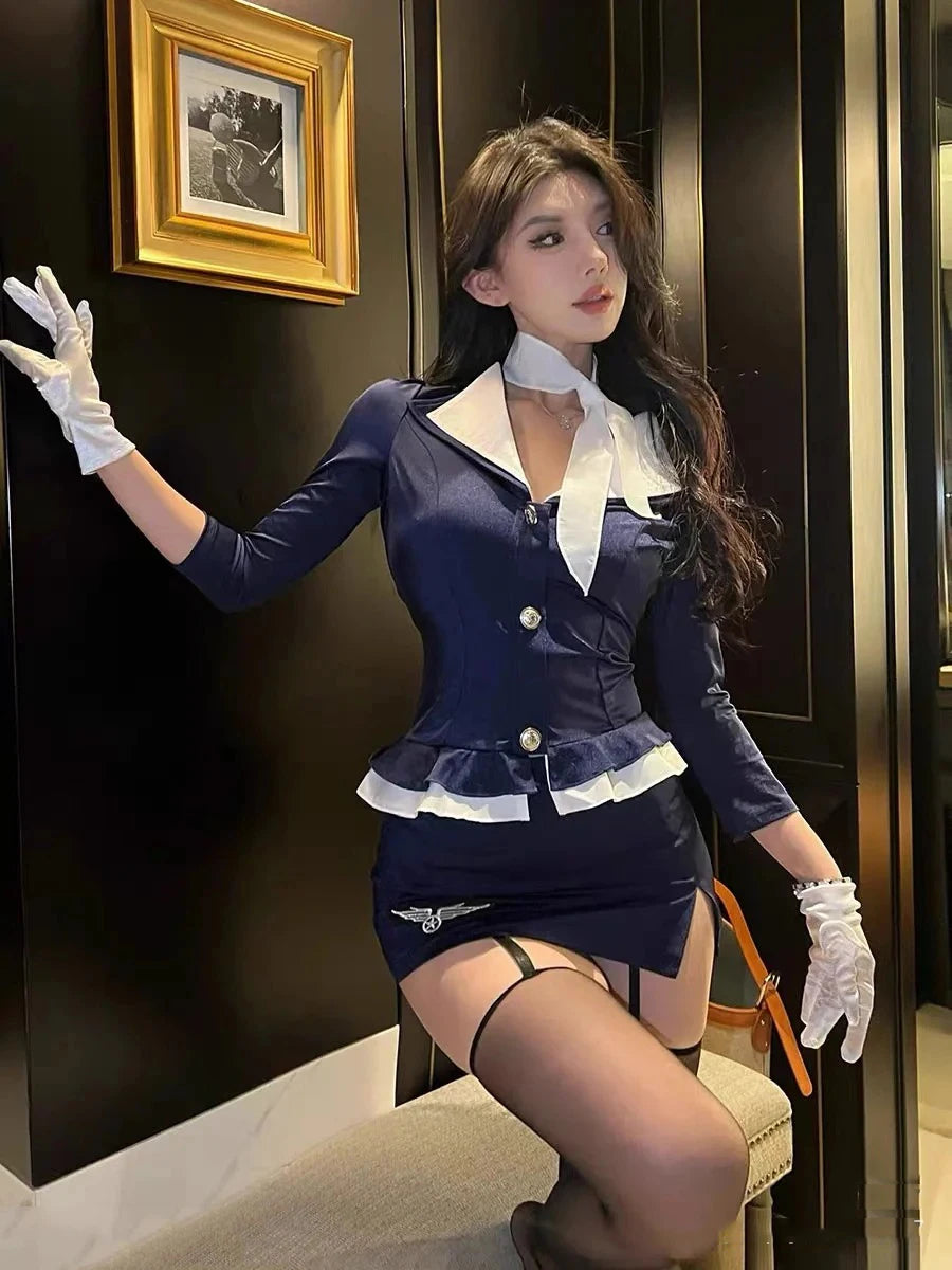 2025 New Stewardess Cosplay Women's Sexy Stewardess Secretary Pure Desire Uniform Suit Halloween Costume Fancy Role Play Party