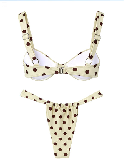 Retro Brown Dot Bikini Sexy Off Shoulder Swimwear Women High Cut Thong Biquini Set Luxury Summer Vacation Beach Bathing SuitK337