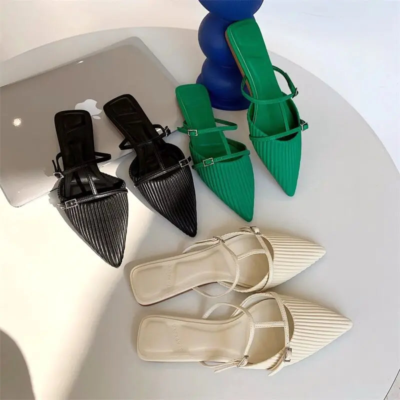 2025 New Women's Shoes Fashionable Slippers with Double Buckles Lazy Pointed Toe Elegant Women's Shoes Luxury Design Sandals