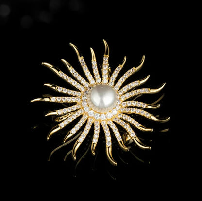 New Full Rhinestone Sun Flower Brooches For Women Luxury Big Pearl Brooch Pins Jewelry Dress Suit Accessories Wedding Gifts