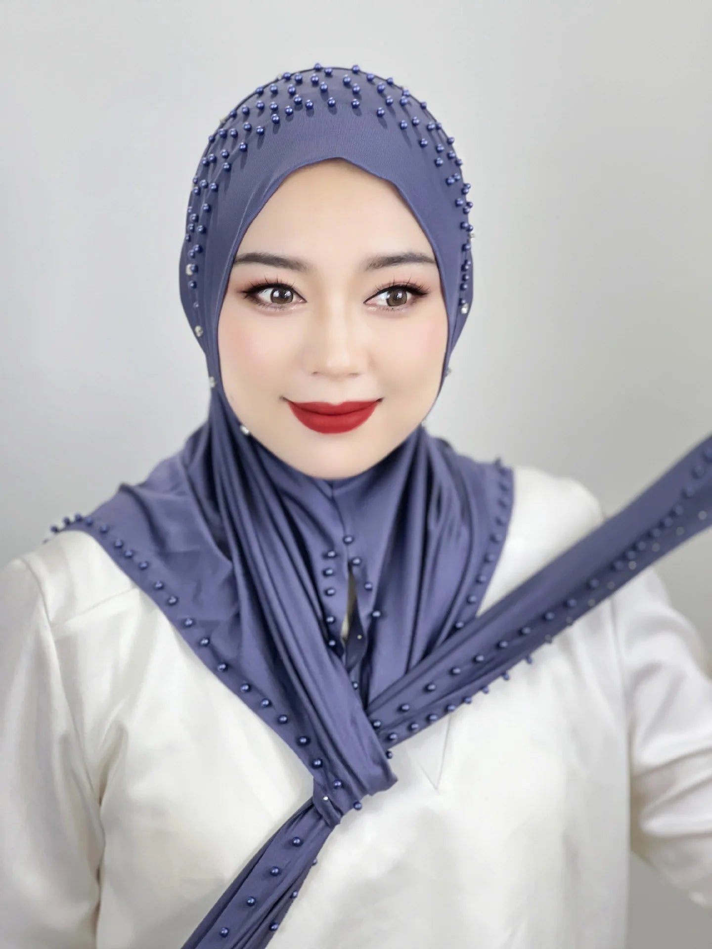 2026 Fashion Versatile Beaded Hijab for Women,Mid-Length Convenient Pull-over Hat Scarf,Malay Shawl Pure Color Women's Headscarf