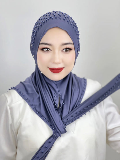 2026 Fashion Versatile Beaded Hijab for Women,Mid-Length Convenient Pull-over Hat Scarf,Malay Shawl Pure Color Women's Headscarf