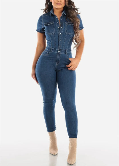 Women's Spring New Sexy Fashion Slim-fit Denim Rompers Short Sleeve Lapel Single Breasted Denim Rompers Pencil Pants Jumpsuit