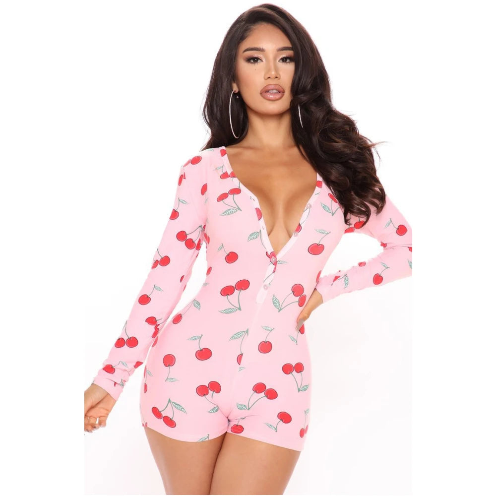 Women's Pajama High Waist Playsuit Christmas Pattern Printing Romper Long Sleeve V Neck Short Pants Home Wear Clothes