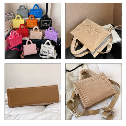 Women's Khaki Velour Tote Bag Original Letter Print Medium Ladies Shopper Handbag Female Square Medium Shoulder Bags