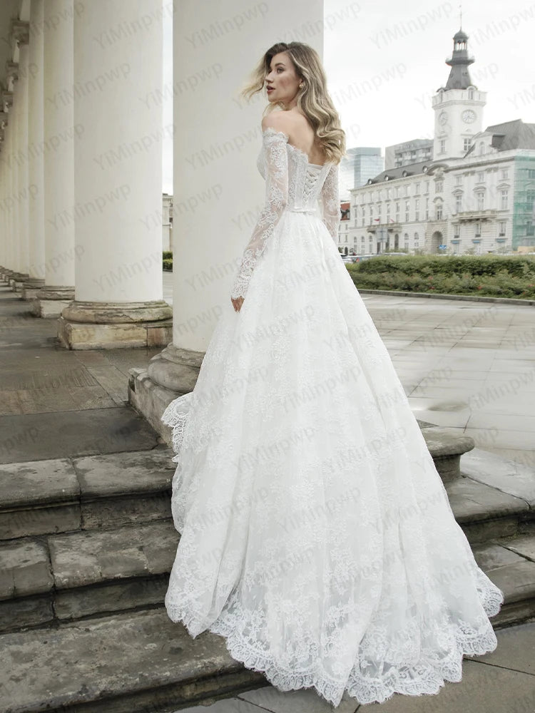 White Lace Wedding Dresses Off Shoulder Long Sleeve A Line Bride Dress Strapless Long Train Summer Garden Bridal Gown Customized