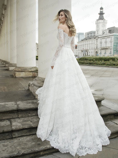 White Lace Wedding Dresses Off Shoulder Long Sleeve A Line Bride Dress Strapless Long Train Summer Garden Bridal Gown Customized