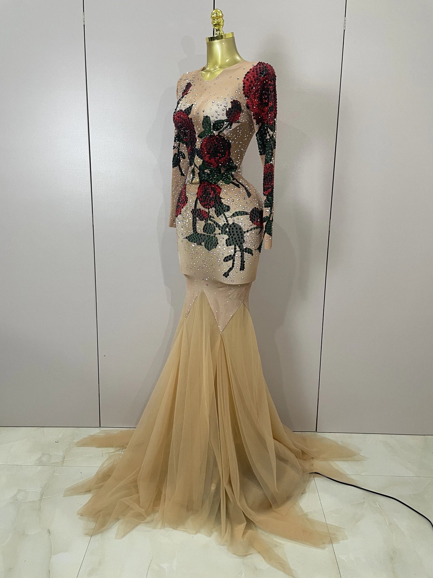 Women Sparkly Diamonds Rose Floral Long Sleeves Floor-Length Dress Eveing Celebrate Birthday Party Nightclub Sexy Stage Costume