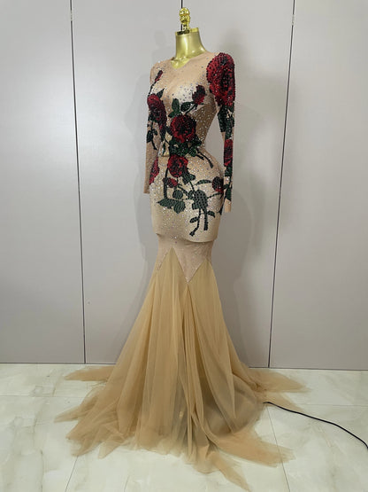 Women Sparkly Diamonds Rose Floral Long Sleeves Floor-Length Dress Eveing Celebrate Birthday Party Nightclub Sexy Stage Costume