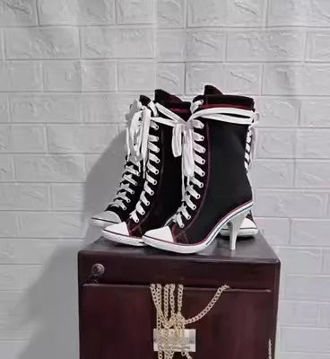 2024 New High-heeled Boots Women Canvas Shoes Denim Rivets Ladies Stilettos Lace-Up Thin Heel Casual Shoes Sexy Zapatos Mujer