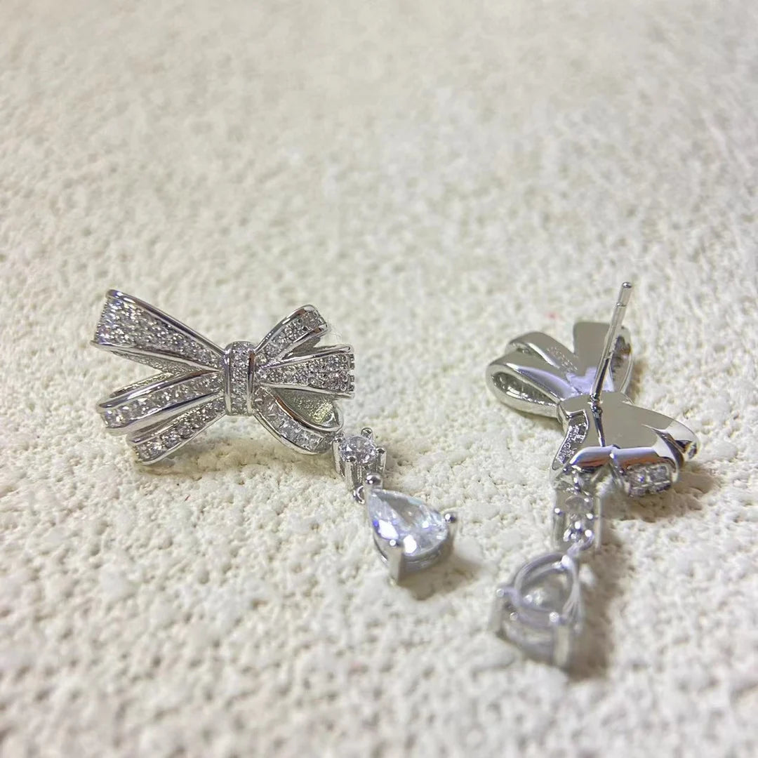 Fashion luxury jewelry S 925 sterling silver bow full diamond women's earrings. Valentine's Day gift