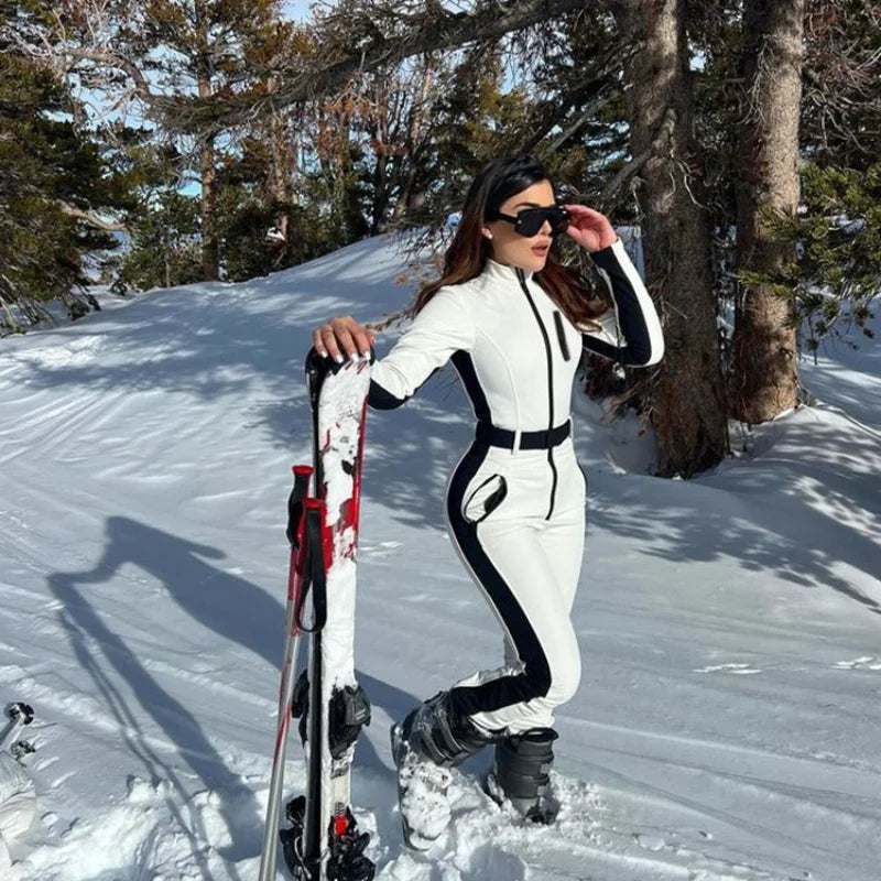 Winter Patchwork Ski Jumpsuits For Women Long Sleeve Waterproof Windproof Skiing Overall Female 2025 Elegant Skateboard Jumpsuit