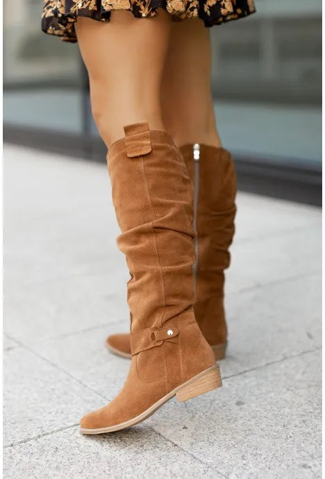 Women's Boots Suede Mid-Calf Boots Low Heel Side Zip Women Casual Shoes Autumn Winter Knee High Boot Retro Plus Size Long Boots