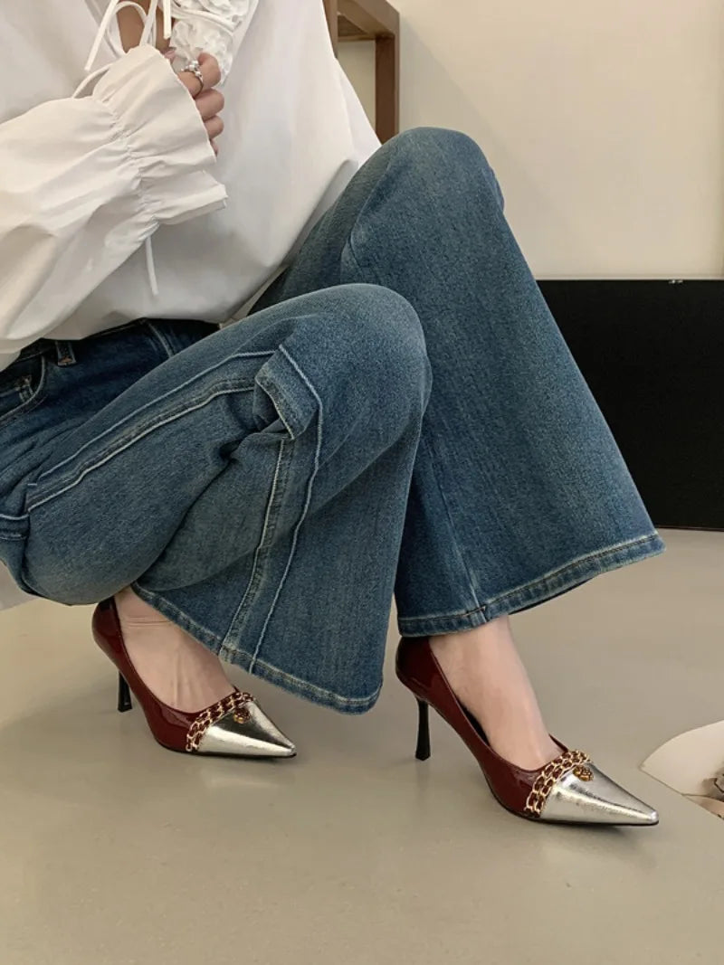 Luxury Metal Decoration Design Pumps Women Sexy Splicing Pointed Toe Stiletto Sandals Elegant Banquet Dress Shoes Zapatos Mujer