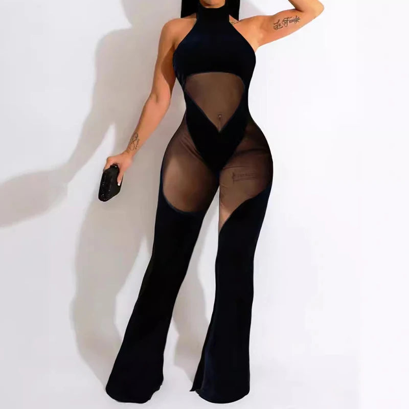 BKLD Women's Hanging Neck Sexy Solid Color Sleeveless Skinny Fashion High Waist Mesh Splicing Casual Jumpsuits Nightclub Outfits