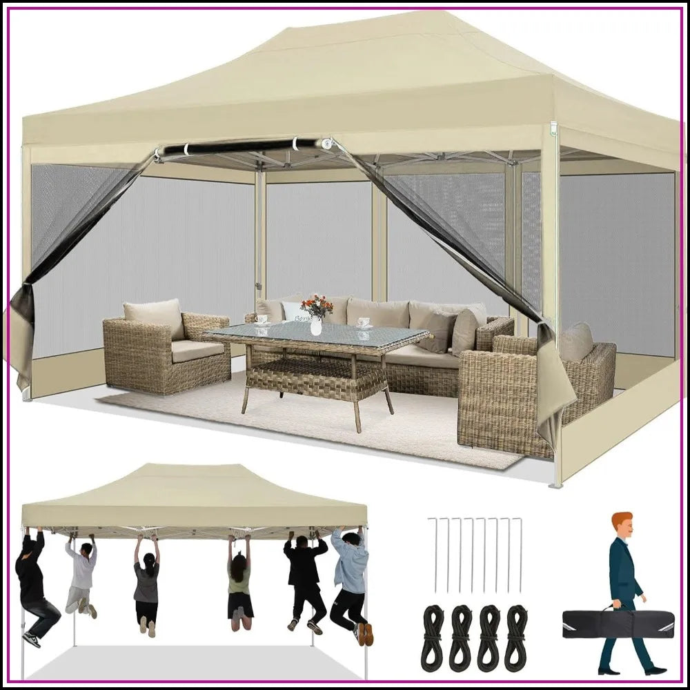 10x15 Pop Up Canopy with 4 Sidewalls, Heavy Duty Gazebo Tent, Mosquito Netting, Easy Setup, Khaki