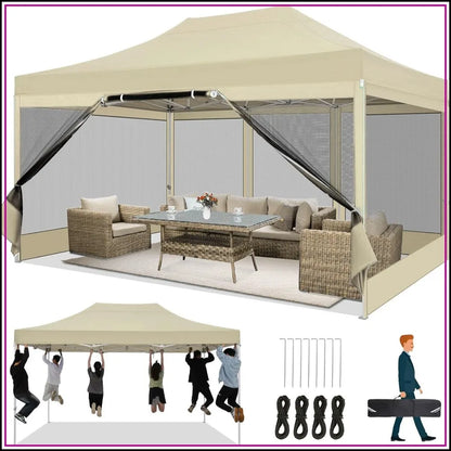 10x15 Pop Up Canopy with 4 Sidewalls, Heavy Duty Gazebo Tent, Mosquito Netting, Easy Setup, Khaki