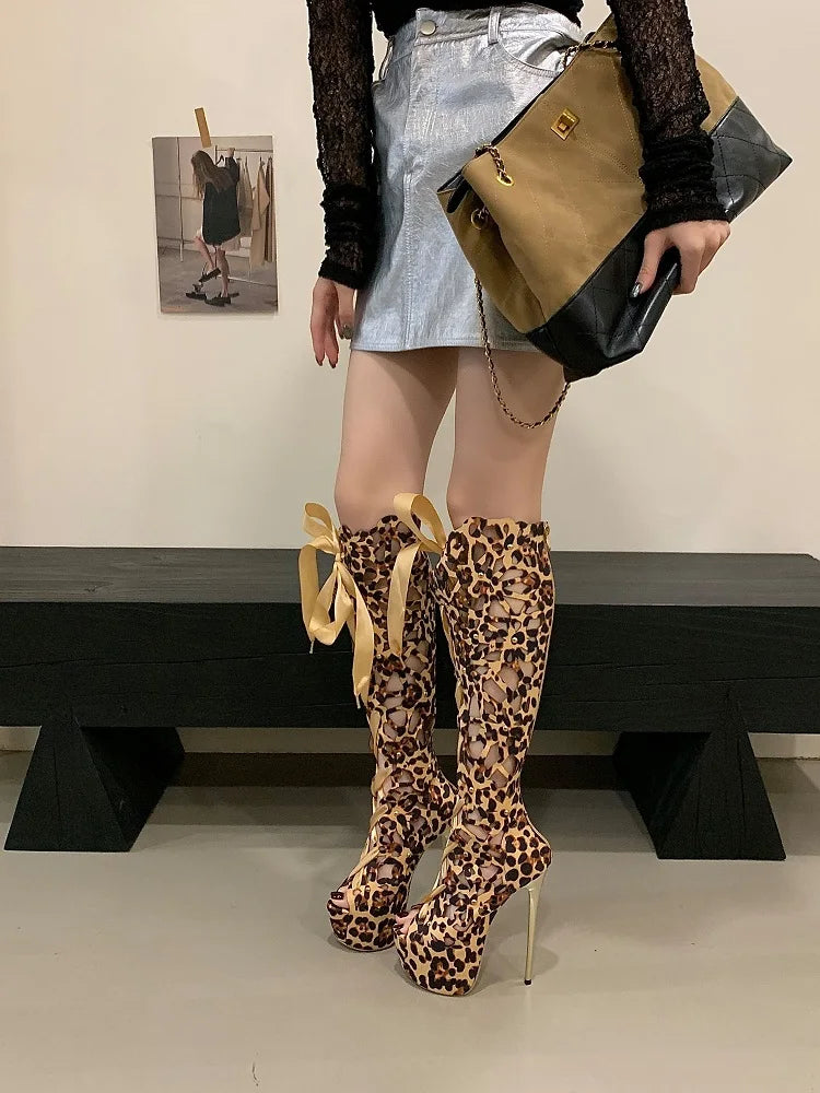 Aneikeh Sexy Leopard Print Hollow Out Ultra-high Heels Knee-High Boots Lady Club Stripper Peep Toe Platform Sandal Long Booties