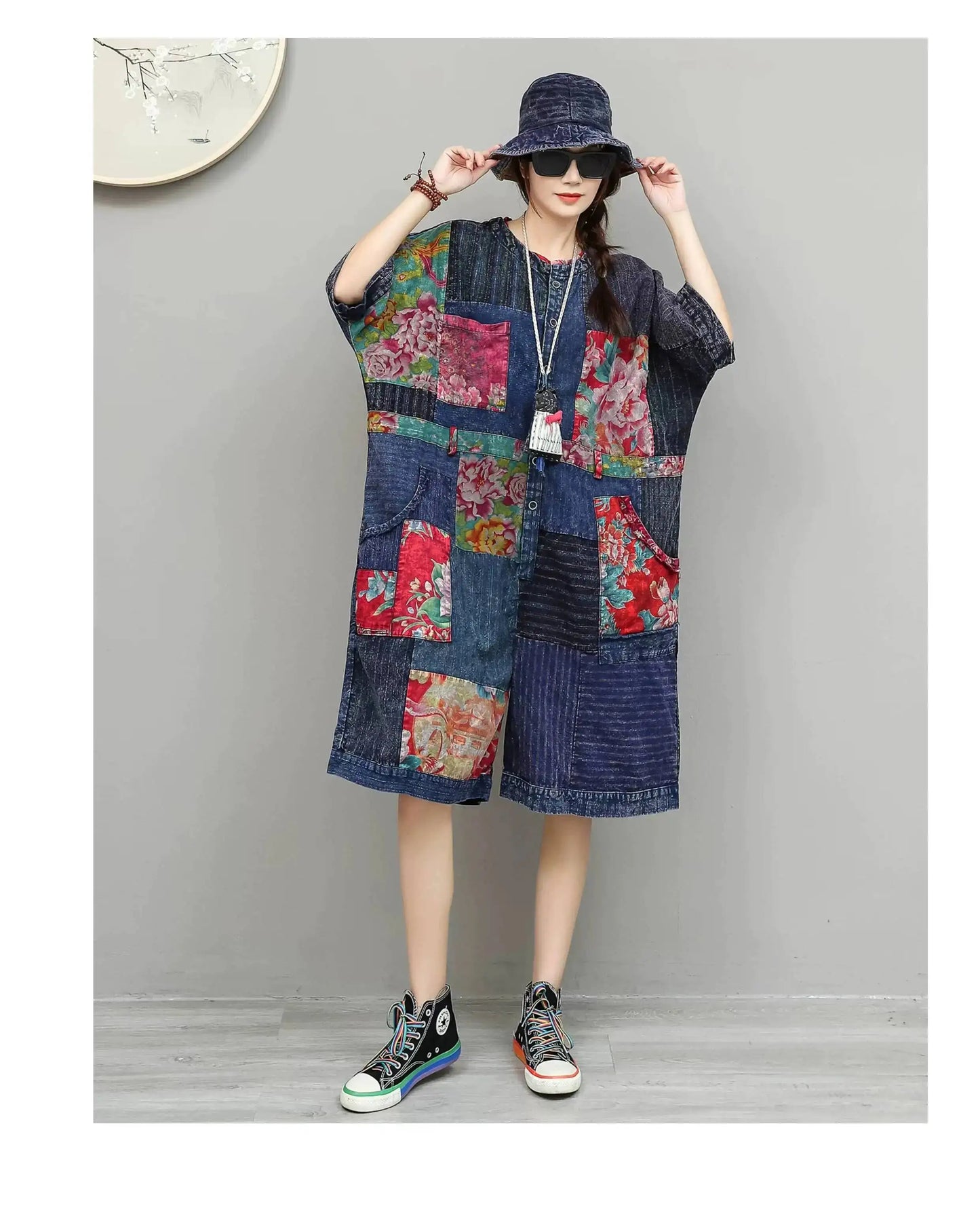 Unique Design Vintage-style Patchwork Large Floral Print Jumpsuit Women Summer Loose Casual Romper LX6155